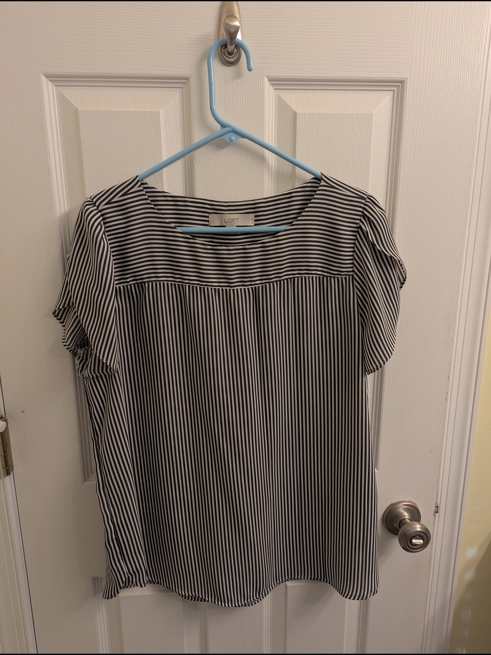 LOFT Black & White Vertical Stripe Short Sleeve Blouse